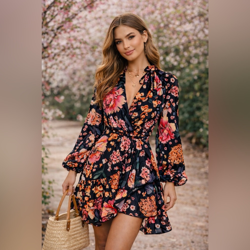 Torn Boston Proper Floral Wrap Mini Dress in Black with Pink & Orange Blooms XS